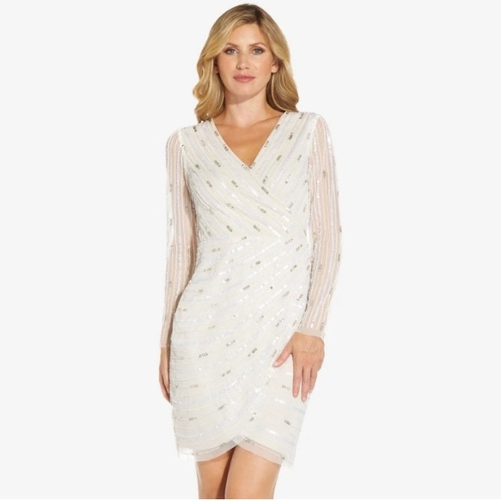 Adrianna Papell Long Sleeve BEADED WRAP DRESS in IVORY Pearl